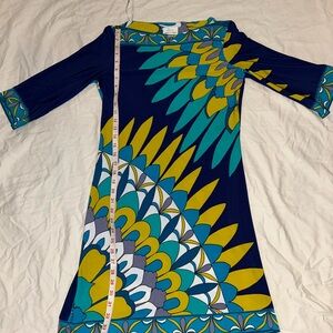 Donna Morgan Navy, Teal & Yellow Floral-Print Long Sleeve Dress